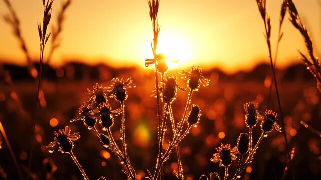 Golden hour sun flare illuminates dew drops on wild meadow flowers and tall grass silhouettes at sunrise or sunset vector illustration