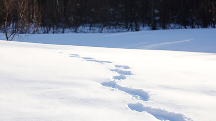 Footprints in the snow weave across a field towards a forest, under a bright sky. The crispness of the winter season is evoked through this serene, snowy landscape.