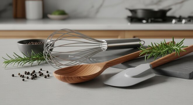 Essential cooking implements and fresh herbs are arranged neatly on a bright countertop