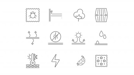 Animated fabric feature line icons. Cloth comfort animation set. Temperature resistant. Waterproof materials. Antistatic textile. Outline elements on white background. HD video with alpha channel