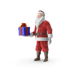 Santa claus presenting a wrapped blue gift box for holiday celebration