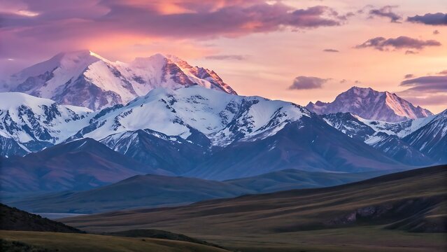 Majestic snowcapped mountain range illuminated by the soft, warm glow of a vibrant sunset sky with dramatic clouds