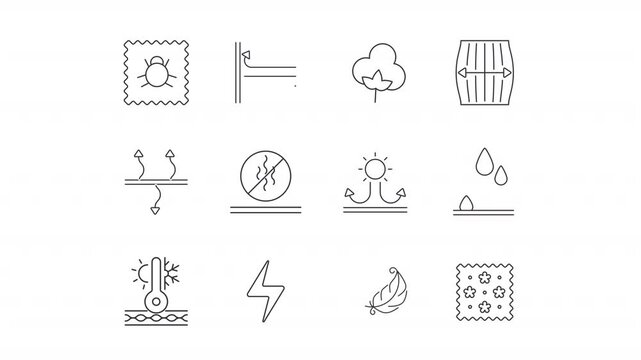 Animated fabric feature line icons. Cloth comfort animation set. Temperature resistant. Waterproof materials. Antistatic textile. Outline elements on white background. HD video with alpha channel