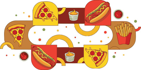 Colorful Vector Illustration of Pizza Hot Dogs Fries and Sauces.