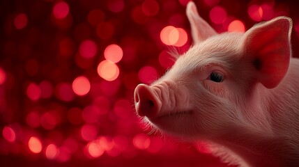 Close-up of a pink piglet with bokeh lights on red background, concept for Chinese New Year celebration, Lunar calendar and zodiac signs