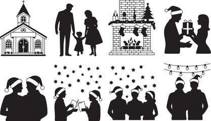 Elegant black and white silhouettes portraying diverse Christmas holiday activities, from church attendance to festive home decorations and family joy