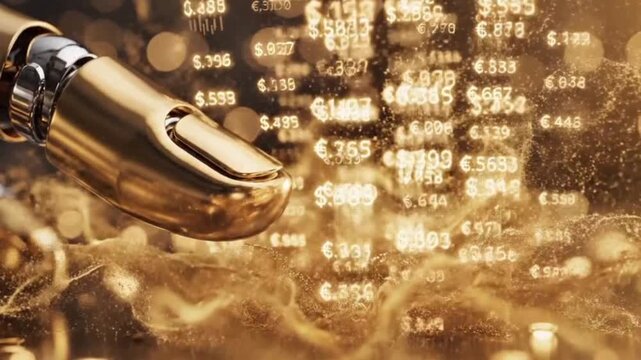 A golden robotic finger interacts with a shimmering, digital, futuristic financial data cube, dissolving it into a stream of real-time currency values and glowing gold particles.