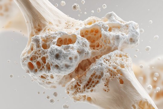 Close-up of a porous, spongy bone structure on a neutral background, showcasing its intricate details. Concept for osteoporosis research, medical education and bone health awareness