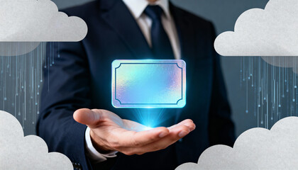 Confident businessman hand holding futuristic digital card concept for cloud technology. Innovation in data security and online business