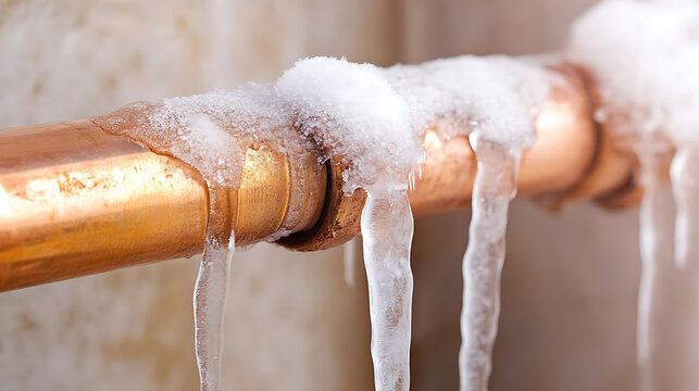 Frozen metal pipe with icicles and snow, showcasing the impact of cold weather on plumbing, emphasizing potential winter damage. Prevent pipe bursts!