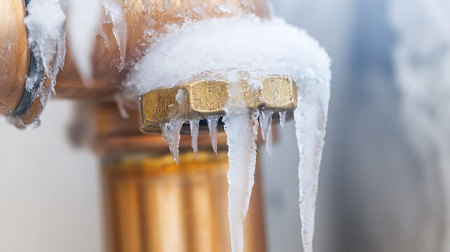Icy Grip: A frozen metal pipe glitters with ice crystals and sharp icicles, capturing the harsh beauty of winter's chill and the vulnerability of infrastructure.