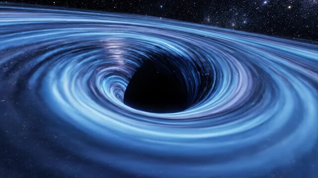 Stunning visualization of a black hole with a swirling blue accretion disk against a starry night sky vector illustration