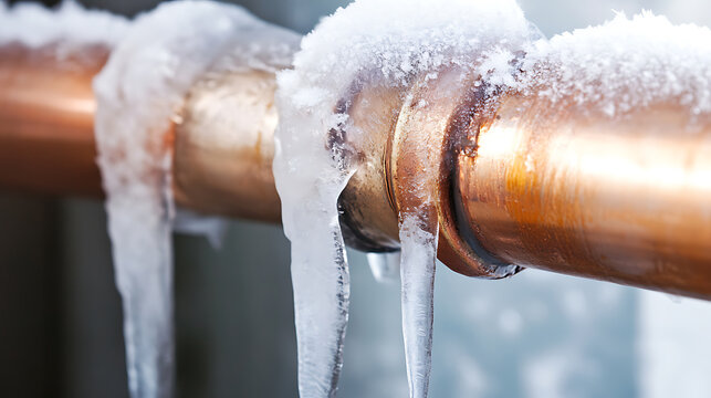 Frozen metal pipe covered in snow and icicles. Winter's icy grip endangers plumbing, demanding swift insulation. Beware potential bursts in extreme cold.