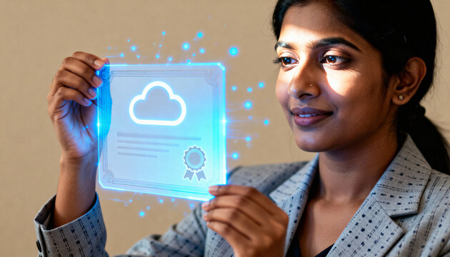 Smiling businesswoman holding futuristic glowing tablet device. technology innovation concept for secure cloud computing data and connection