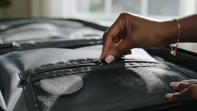 Woman Places Tracker in Suitcase Pocket for Travel Security