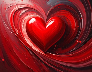 Glossy red heart set within swirling painted crimson strokes