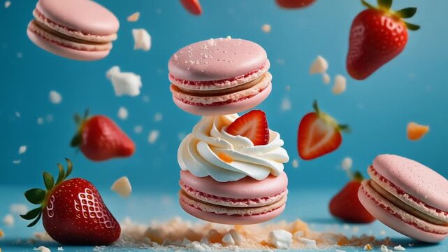 Colorful macarons and strawberries in a playful splash