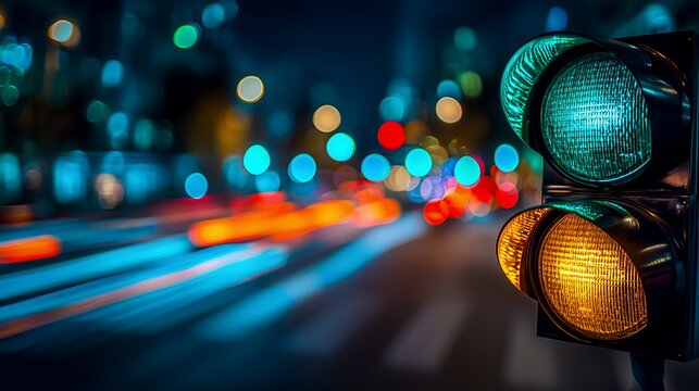 Traffic lights in night city with blurred colorful lights and light trails, concept for transportation planning, urban development and infrastructure