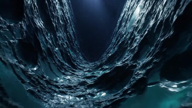 Dark blue abstract cavern or canyon with textured wall surface and light ray from above vector illustration