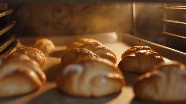 Freshly baked croissants rising in the oven.