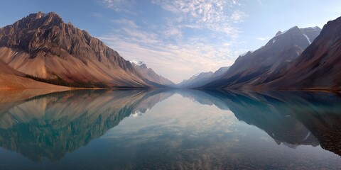 Panoramic view of tranquil lake reflecting rugged mountains under a bright sky. Concept for tourism promotion, outdoor adventure and scenic background