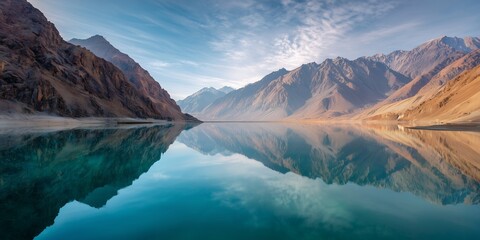 Majestic mountain range reflecting in the serene turquoise lake water under a blue sky. Concept for travel inspiration, adventure destination and nature photography
