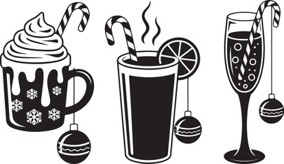 Flat vector illustration of Christmas ornaments shaped like mugs, teacups, and champagne glasses with festive drinks and candy