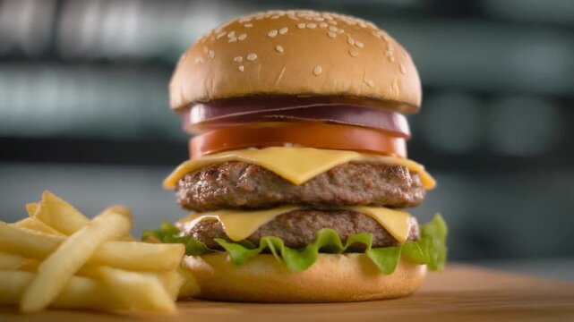 Deconstructed cheeseburger with fries and vegetables floating mid-air.