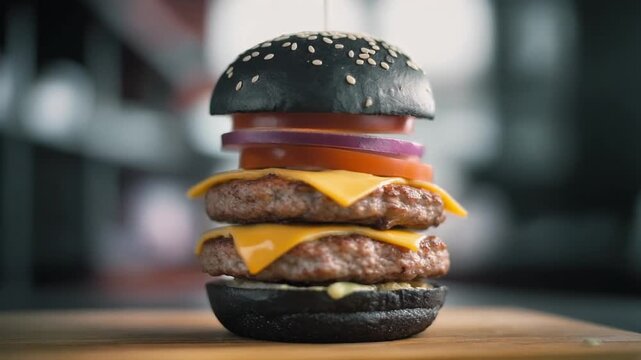 A deconstructed double cheeseburger with a black bun and ingredients floating in the air.