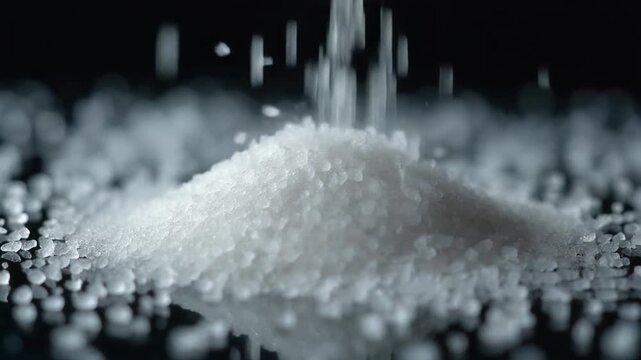 Close-up of coarse salt being poured onto a black reflective surface.