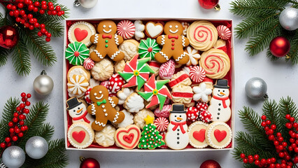 Festive christmas cookie assortment in a box with holiday decorations overhead view