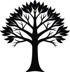Obraz premium Black silhouette of a stylized tree with spreading branches and leaves on a white background