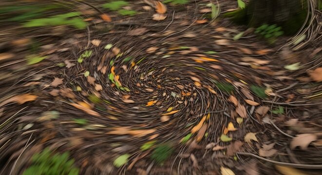 Abstract swirling vortex of autumn leaves on forest floor, creating a mesmerizing and disorienting visual effect.
