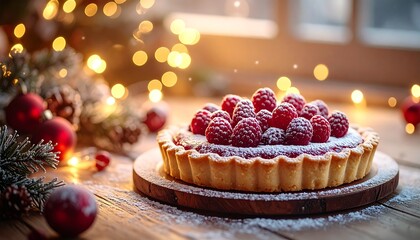 ベリーのクリスマスケーキとキラキラしたクリスマスデコレーション