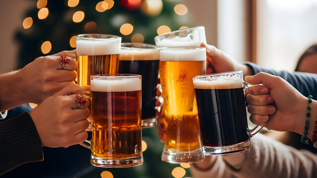 friends raising mixed beer glasses in pub with cozy christmas bokeh lights, assorted pints from pale lager to dark stout, frothy tops and lively seasonal cheer