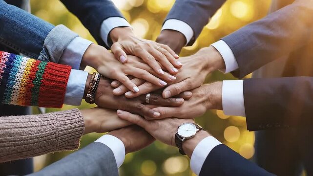 Diverse Team Hands Stacking Unity Support 4K