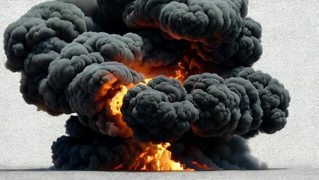 Cinematic 4K footage of a huge realistic side view explosion with thick dark smoke on a transparent background designed for action film or visual effects stock footage projects