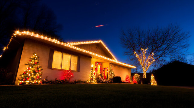 A home is brightly adorned with holiday lights, with Christmas trees and lights outlining the roof against the backdrop of a clear, starry night sky. Festive spirit shines.