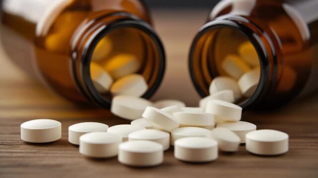 Heap of white pills spilled from amber glass bottles on a wooden surface