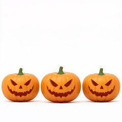 Fototapeta premium Three carved pumpkins with glowing faces on a plain white background