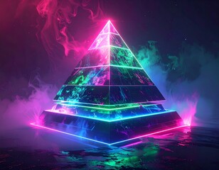 Glowing pyramid in a neon environment with vibrant pink and teal smoke