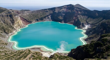 An aerial view of a stunning turquoise crater lake within a volcanic caldera with geothermal steam vents.
