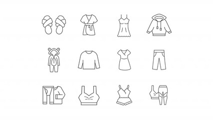 Animated homewear and sleepwear line icons. Nightwear line animation set. Comfortable clothes for domestic life. Home relax. Outline elements on white background. HD video with alpha channel