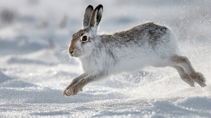 Naklejka premium A lively hare leaps gracefully through the sparkling snow.