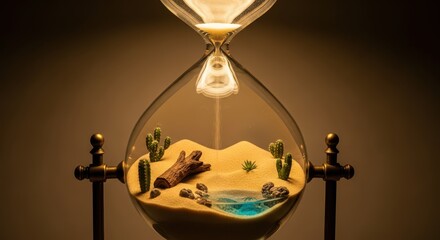 Hourglass contains miniature desert landscape with flowing sand illuminating the scene