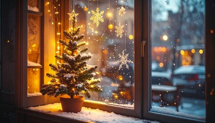 クリスマスの夜　ツリーの飾られた窓辺