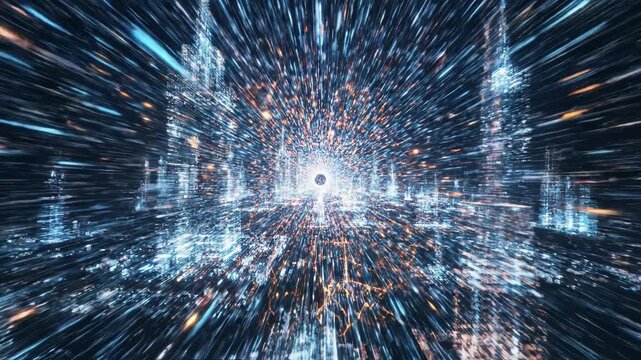 Abstract digital city tunnel with light streaks and glowing skyscrapers moving at high speed vector illustration