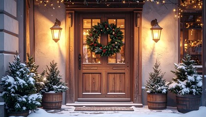 クリスマスのおしゃれなカフェ　リースのある入り口・玄関