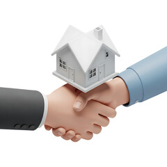 A professional handshake with a miniature white house resting on clasped hands, symbolizing a successful real estate deal or property closing, isolated on a transparent background, png, cutout.