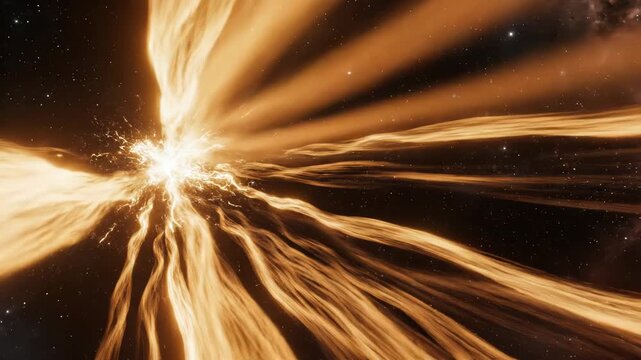 Bright orange cosmic explosion or starburst emitting powerful energy jets into a dark starry space background vector illustration